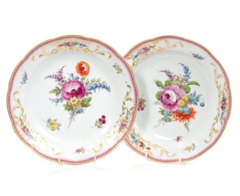 Pair 18th century Meissen porcelain dishes with polychrome painted floral sprays and moulded gilt scroll borders - blue cross