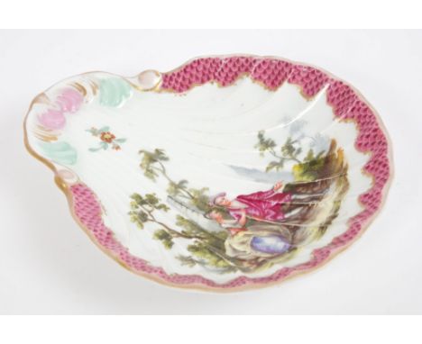 19th century Meissen porcelain shell-shaped dish outside polychrome decorated with romantic figures by obelisk - blue crossed
