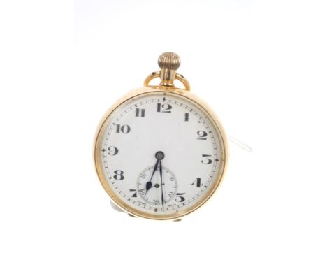 Gentlemen's 18ct gold open face pocket watch with Swiss button-wind movement, white enamel dial with Arabic numerals in 18ct 