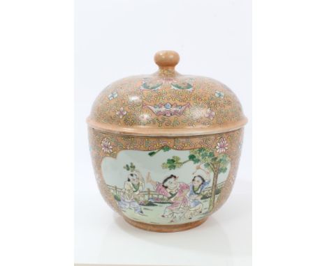 20th century Chinese famille rose tureen and cover with polychrome dancing figure reserves on floral scroll ground, 29cm diam