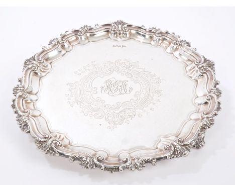 Fine quality Edwardian silver salver with decorative scroll and foliate border, foliate surround cartouche with engraved mono