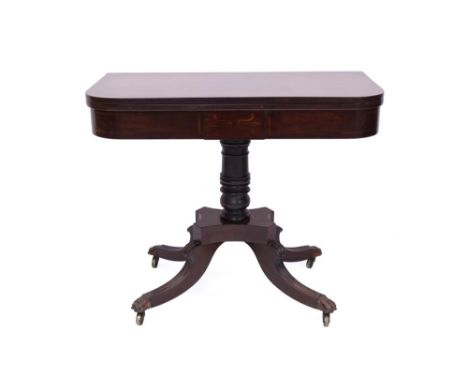 William IV mahogany D-shaped card table, the fold-over top enclosing baize-lined playing surface raised on turned column and 