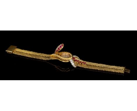 Jaeger-LeCoultre for Kutchinsky, a 1960s Kutchinsky ladies' 18ct gold diamond and ruby cocktail bracelet wristwatch, with Jae