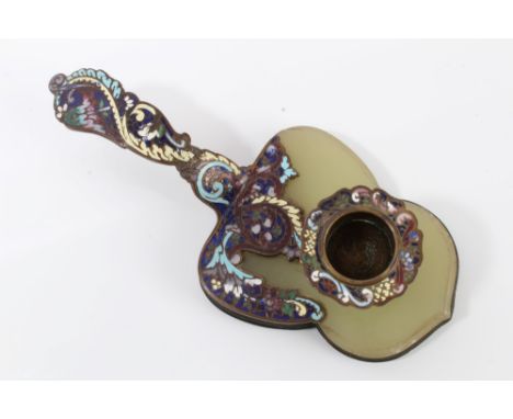 An early 20th century European champlevé enamelled chamber stick, possibly French or Russian, raised on an onyx baseSelling o