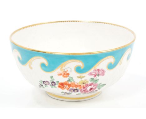 18th century Chelsea Derby round bowl, circa 1765 - 1770, with moulded leaf and polychrome painted floral sprays with turquoi