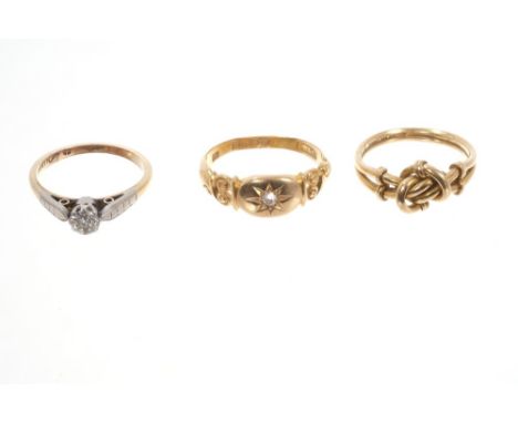 Diamond single stone ring, Victorian 18ct gold and diamond ring and a Victorian 18ct gold knot ring (3) CONDITION REPORT Diam