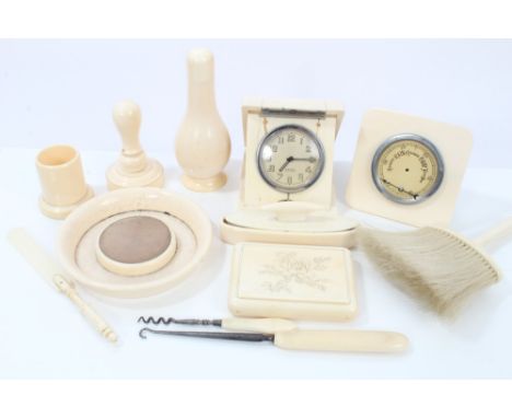 1930s ivory cased travelling clock, ivory cased desk barometer, ivory table box with chrysanthemum decoration and ivory dress