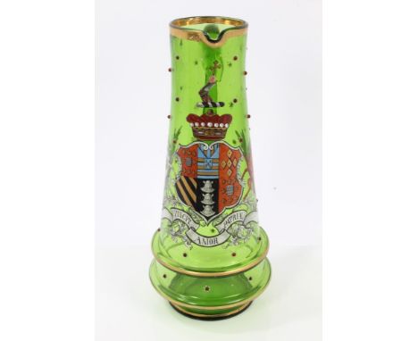 Late 19th century Bohemian green glass armorial ewer, finely polychrome enamelled with Viscount Molesworth's coat of arms and