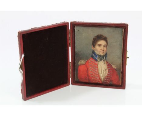 English School (early 19th century), portrait miniature on ivory of a military officer, 10cm x 8cm, in leather folding case