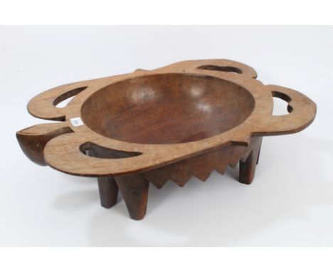 Unusual antique tribal carved hardwood bowl in the form of a turtle, on tripod supports,65cm long