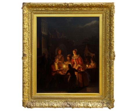 Petrus Van Schendel (1806 - 1870), oil on panel - 17th century lamplight market scene with Jewish bookseller and patrons, sig