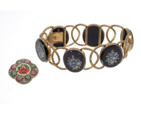 Victorian micromosaic panel bracelet with six oval micromosaic floral panels with gilt metal mounts, plus a micromosaic brooc