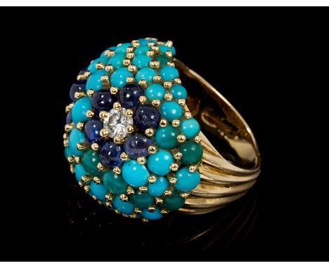 1960s Kutchinsky diamond, sapphire and turquoise cocktail ring of bombe form, with two flower-head clusters centred with a di