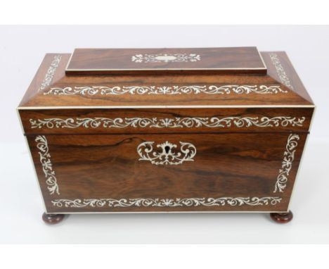 Fine Regency Anglo-Indian rosewood and ivory inlaid tea caddy of sarcophagus form, with ivory floral scroll marquetry decorat