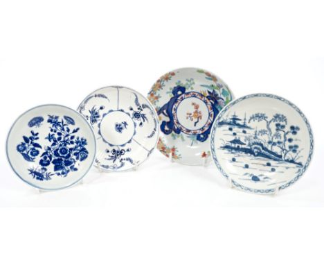 18th century Worcester blue and white Cannonball pattern saucer, two other Worcester blue and white saucers and Spode stone c