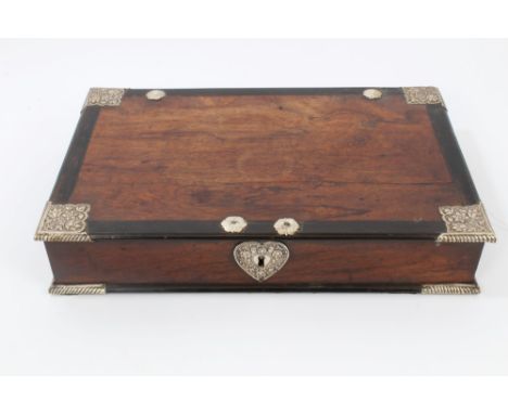 Rare 17th century Dutch colonial, possibly Chinese, rosewood and amboyna writing box with floral engraved silver mounts, inte