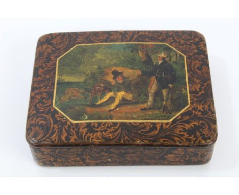 Regency papier mâché snuff box painted with huntsman with deer, on gilt floral scroll ground, 8cm CONDITION REPORT Hinge to l