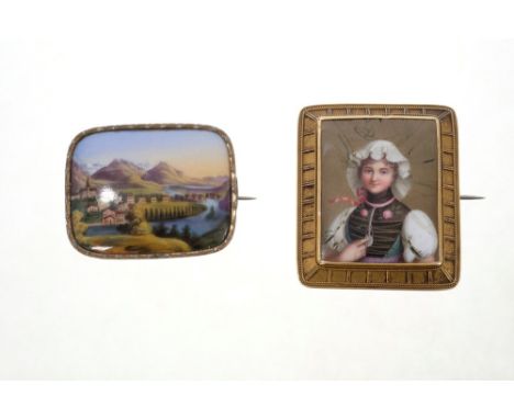 19th century Swiss enamel brooch depicting a portrait of a lady, in yellow metal frame, together with a Swiss porcelain brooc