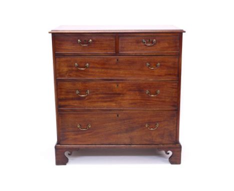 George III mahogany chest of drawers with moulded rectangular top and two short over three long graduated drawers, on fret ca