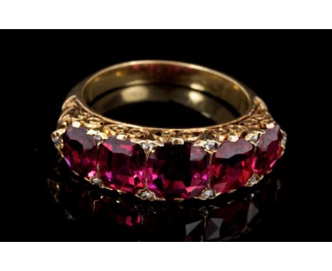 Late Victorian natural ruby five-stone ring with five cushion-shaped faceted mixed cut natural rubies with rose cut diamond a