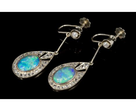 Pair Art Deco French opal and diamond pendant earrings, each with an oval cabochon opal in a pear-shape drop set with rose cu