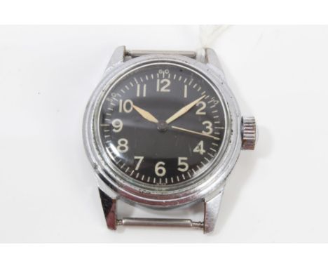 Second World War American Military Issue Elgin wristwatch with circular black dial, Arabic hour markers and minute track, cen