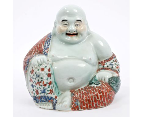Early 20th century Chinese porcelain figure of seated Buddha, with polychrome enamel decoration - impressed mark to base, 26c
