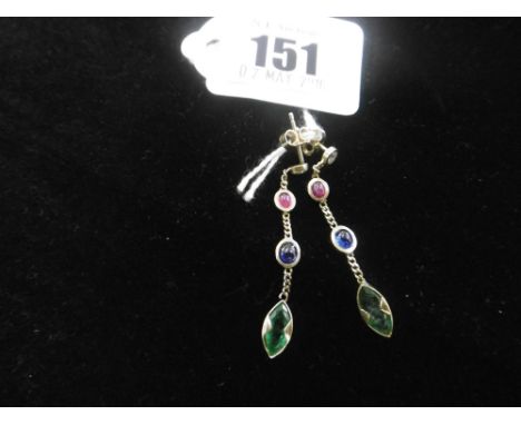 A PAIR OF 18CT GOLD DIAMOND, EMERALD, CABOCHON RUBY AND SAPPHIRE SET DROP EARRINGS