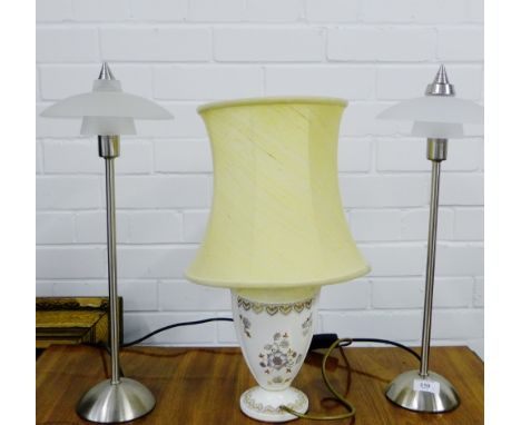 Table lamps to include a pair of metal and opaque glass lamps and a white glazed ceramic lamp base (3) 