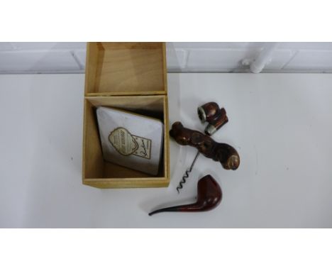 A mixed lot to include a corkscrew, pipe, cigar box etc. (a lot) 