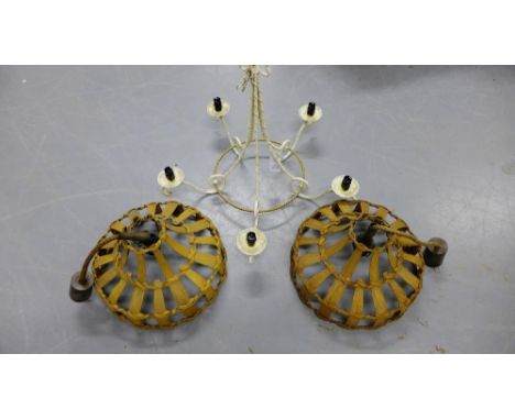 A pair of retro basket weave light fittings together with a shabby chic white painted metal light fitting (3)
