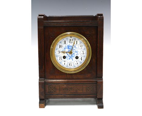 Continental pine cased mantle clock, with blue and white dial, brass movement stamped GH V CNE &amp; numbered 21997, 19 x 28c
