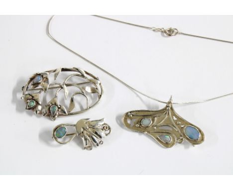 SHEANA M STEPHEN (SCOTTISH) silver and opal jewellery to include a pendant on a silver chain, Edinburgh 2003 and two brooches