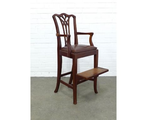 Chippendale style mahogany framed child's highchair with upholstered seat and footrest 