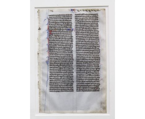 Medieval bible leaf, manuscript calligraphy on vellum, in a double sided frame, with certificate of authenticity dating this 