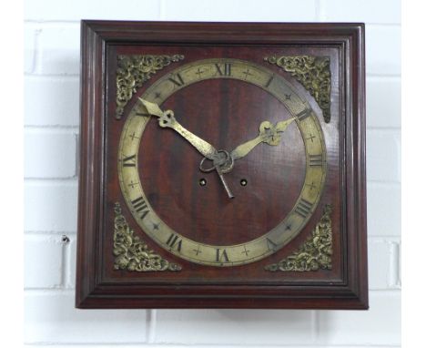 Mahogany wall clock, square dial with brass chapter ring and spandrels, roman numerals, 37 x 37cm. 