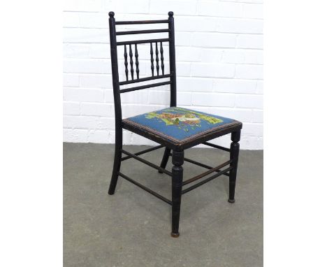 Child's ebonised Arts &amp; Crafts chair, with a bunnykins style tapestry seat , 36 x 71 x 32cm. 