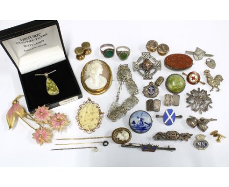 Cameo brooch and tie pin, various vintage costume jewellery and enamel badges, etc (a lot) 