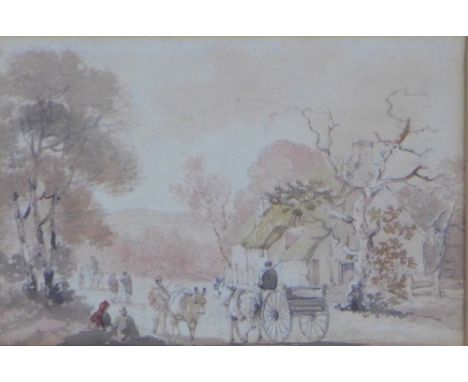 Attributed to NICHOLAS POCOCK (1740 - 1821) watercolour and pencil sketch of a country lane with horse and cart, apparently u