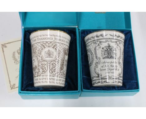 Two Coalport commemorative enamel beakers to include QEII Silver Jubilee and another, boxed (2) 10cm. 