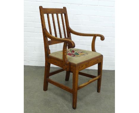 An elm open armchair with tapestry seat, 59 x 97 x 46cm. 