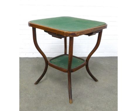 Attributed to Thonet, a Model No 8 bentwood card table, square top with rounded edge over four pull out gaming counters with 