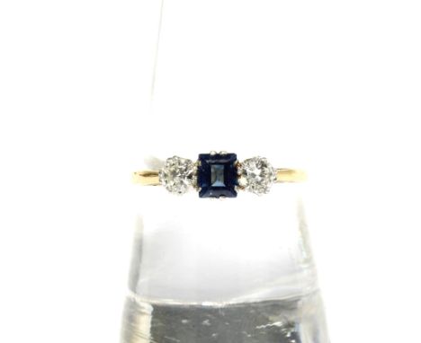 18ct gold &amp; platinum  sapphire and diamond three stone ring, stamped 18ct / Plat 