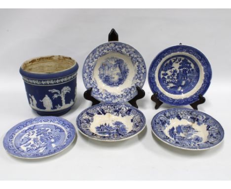 19th century transfer printed blue and white pottery and a Jasper planter (A/F) 
