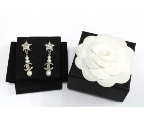 CHANEL crystal star and faux pearl costume jewellery earrings with CC logo, stamped oval plaque, with presentation box and po