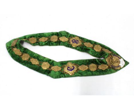 Sir Walter Scott Lodge No.5118 RAOB Royal Antidiluvian Order of Buffaloes. green velvet sash with gilt metal and enamel plaqu
