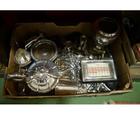 A box of silver plate including wine coasters, teapot, calendar, flatware and mustards