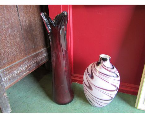 A Cranberry Art Glass vase flared base, rough pontil mark to base, 52cm and an opaque raspberry swirl design glass vase, 33cm