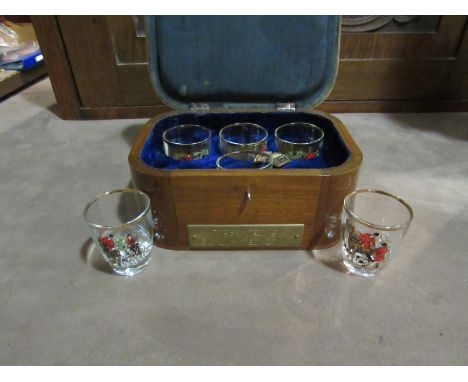 A cased set of six hunting design shot glasses marked France, presentation plaque to box, and a pair of horse related cuff li