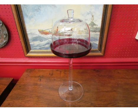 A handmade pedestal dish and cover, clear glass base, ruby glass cover, 39cm tall